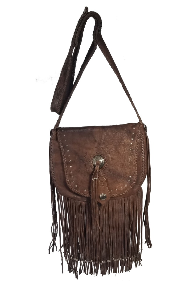 (image for) Concho Studded Leather Fringed Hand Laced Shoulder Bag